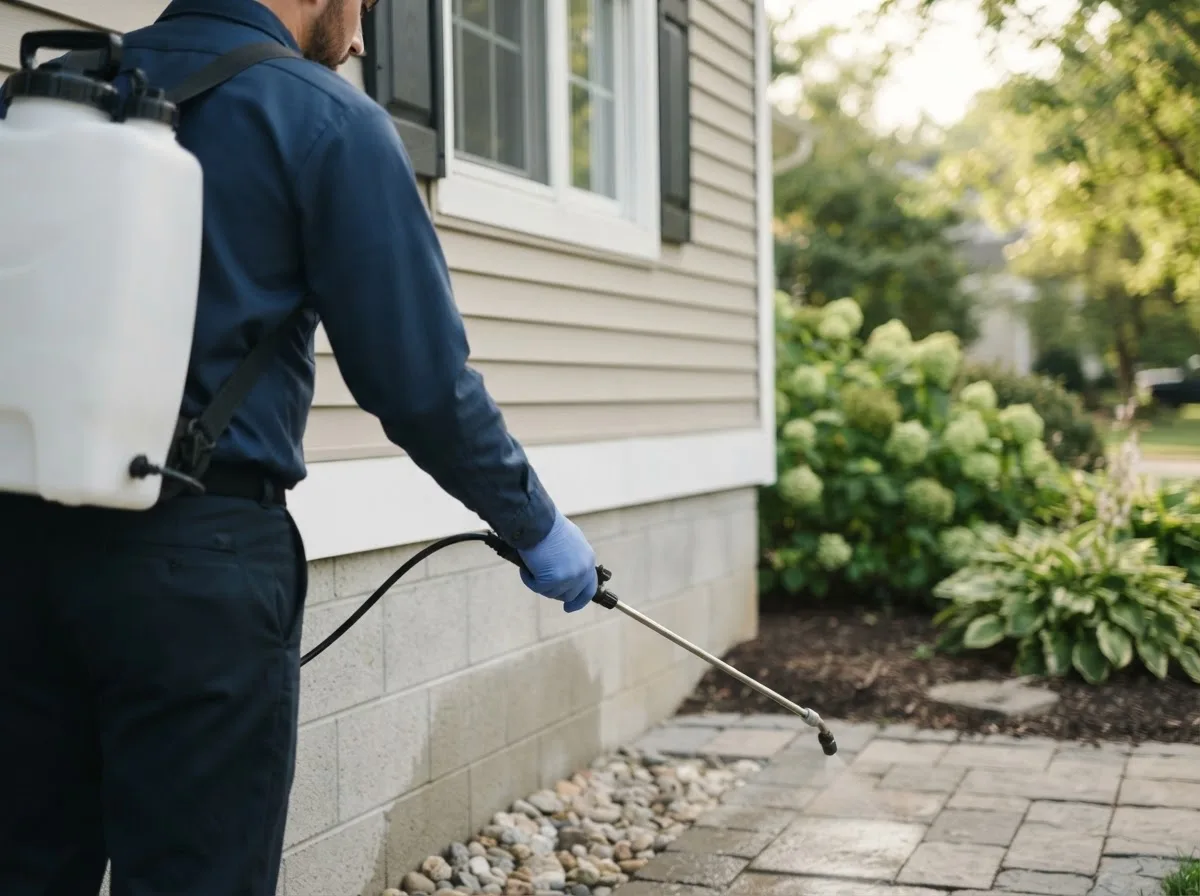 Pest control technician inspecting a home in Alpha, MN